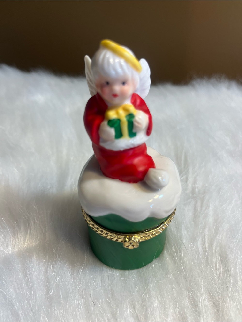 Ceramic Angel Trinket Box - Red, Green, White